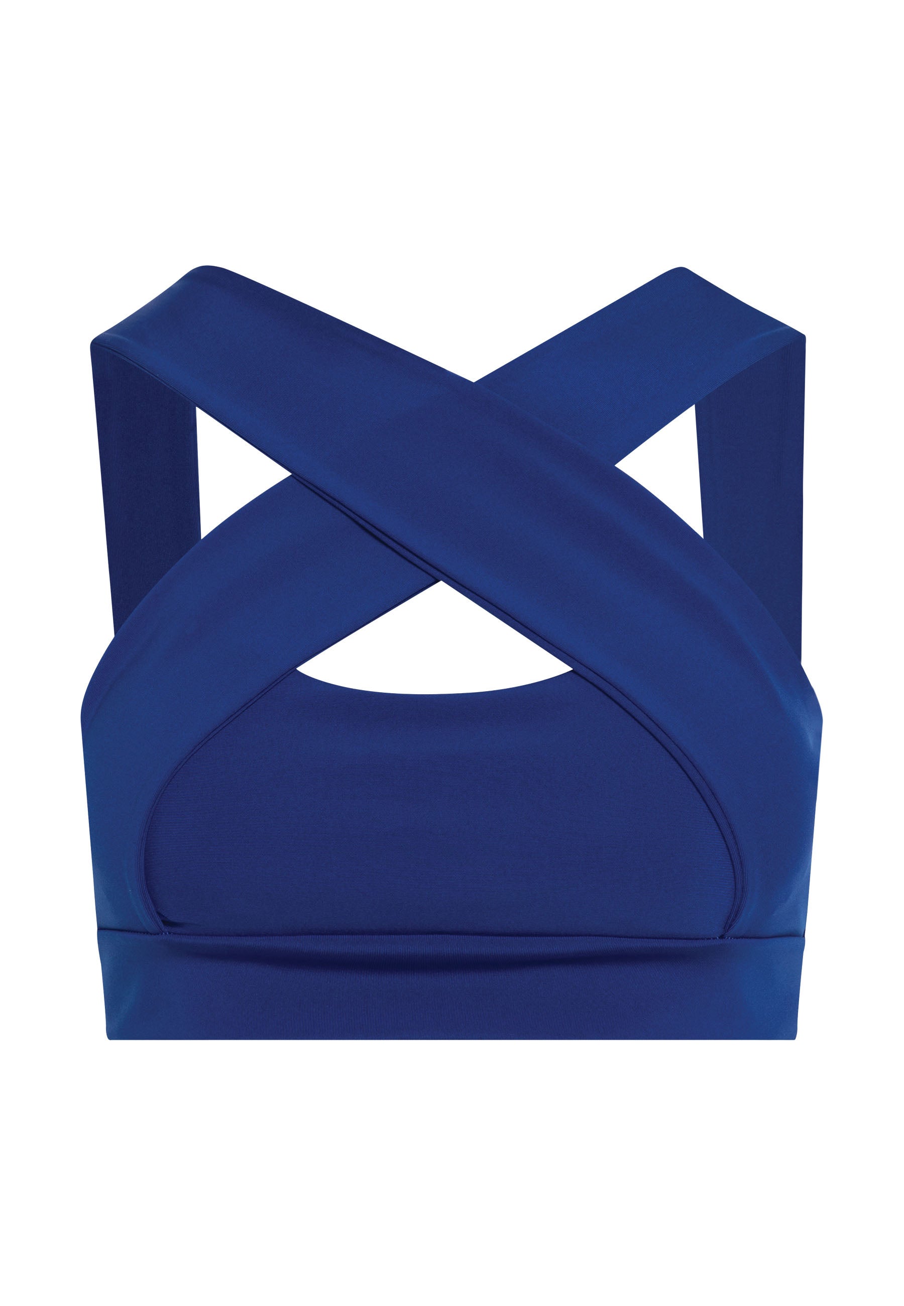 Lismina 195 Decoltée Sport-BH in Royalblau: Überkreuzte Träger, Aussparung vorne – ideal für Yoga und Fitness.